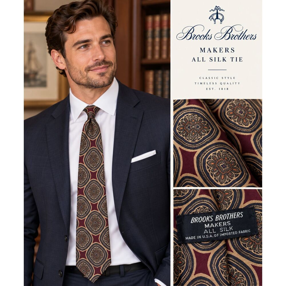 Brooks Brothers Makers Men's 100% Silk Tie Burgundy Navy Gold Medallion USA